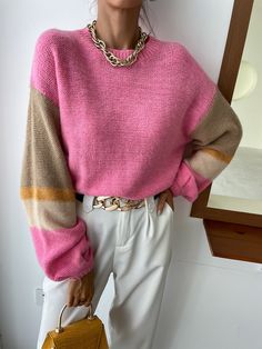 Pink Casual  Long Sleeve Polyester Colorblock Pullovers  Slight Stretch Spring/Fall Women Knitwear Knit Sweater Outfit, Knitwear Outfit, Pink Knit Sweater, Drop Shoulder Sweater, Crochet Winter, Women Sweaters, Drop Shoulder Sweaters, Modern Outfits, Cute Sweaters