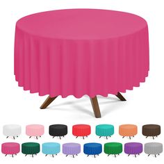 a round table with four different colors on the top and two wooden legs in front