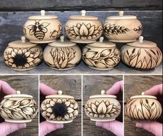 a series of photos showing how to decorate ceramic jars with flowers on the front and side