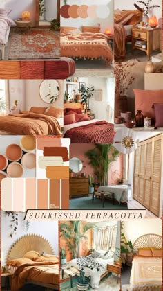 a collage of photos with different colors and furniture in it, including bedding, pillows