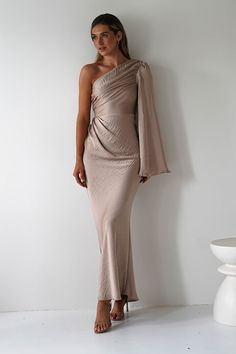 Elegance Silky Maxi Dress | Mocha Silky Maxi Dress, Silky Fabric, Asymmetrical Neckline, Maxi Dress Formal, Draped Fabric, Maxi Dress With Sleeves, Stretchy Fabric, Formal Occasion