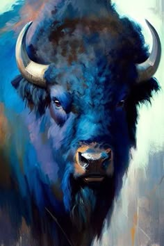 a painting of a bison with large horns and blue paint on it's face