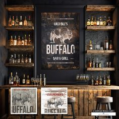 the bar is stocked with different types of beer and liquors, including buffalo's