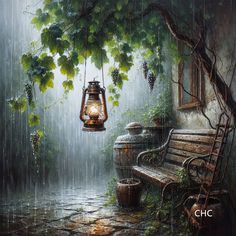 an oil painting of a rainy day with a bench and lantern hanging from the tree