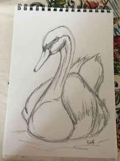 a drawing of a swan sitting on the ground with its head turned to the side