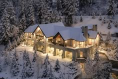 an aerial view of a large house in the woods at night with snow on the ground