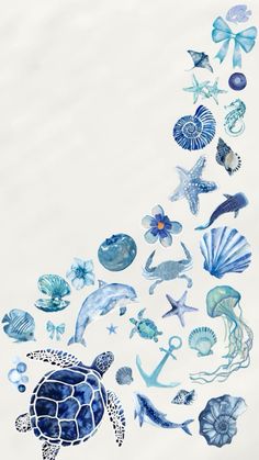 an ocean scene with sea animals and seashells flying through the air, including a turtle