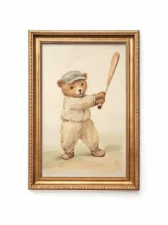 a painting of a teddy bear holding a baseball bat and wearing a uniform with a cap