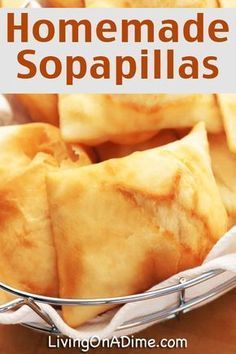 homemade sopapillas in a wire basket with text overlay