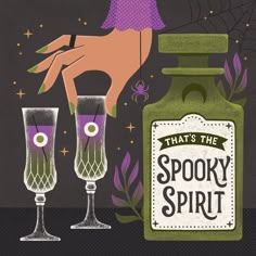 there is a bottle and two glasses next to each other with the words that's the spooky spirit on it