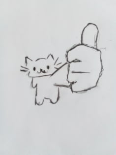 a drawing of a hand holding a cat with it's thumb pointing towards the viewer