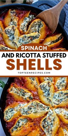 spinach and ricotta stuffed shells in a cast iron skillet