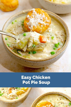 two bowls filled with chicken pot pie soup