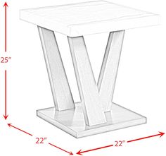 a white table with measurements for the top and bottom section, including two square bases