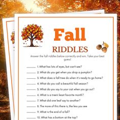 fall riddles for kids with an orange tree in the background