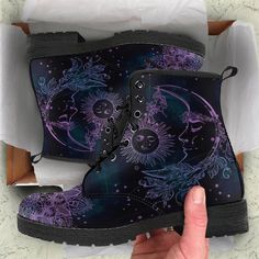 Purple Sun And Moon Leather Boots For Men And Women, Gift For Hippie Lovers, Hippie Boots, Lace Up Boots Leather Boots For Men, Hippie Boots, Handcrafted Boots, Mens Leather Boots, Boots For Men, Sun And Moon, Black Leather Boots, Black Rubber, Dr. Martens Boots