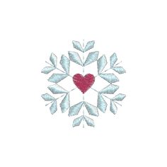 a snowflake with a red heart in the middle and white leaves around it