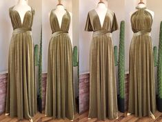 three different views of a dress on mannequins, one in gold and the other in green