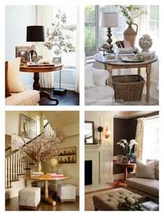 four pictures of living room furniture and decor