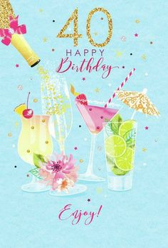 a birthday card with cocktails and confetti in glasses on a blue background