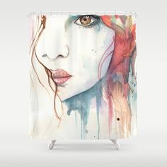 a woman's face with watercolor paint on it shower curtain