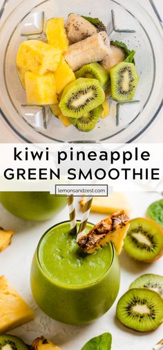 kiwi pineapple smoothie in a glass with sliced kiwis