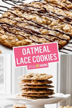 oatmeal lace cookies with chocolate drizzled on top and in the middle