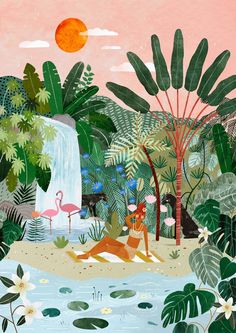 a painting of a woman sitting in the middle of a jungle with flamingos and palm trees