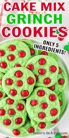 green cookies on a white plate with candy candies in the middle and text overlay that says, grinch cookies easy to make