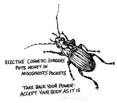 a black and white drawing of a bug with text on it that says, elective cosmetic surgery puts money in michigan's pockets take back your power accept