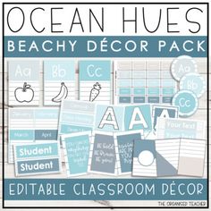 the ocean hues beachy decor pack includes blue and white papers, clippings,