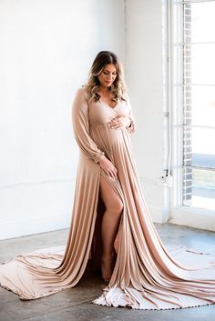 Sand Charlotte Maternity Gown with Slit One-Size Maternity Gowns For Photoshoot, Maternity Photoshoot Dress, Maternity Photoshoot Poses, Maternity Dresses For Photoshoot, Maternity Gown, Mocha Color, Maternity Photo Shoot, Maternity Gowns, Photoshoot Dress