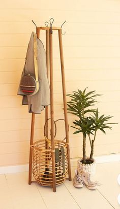 a potted plant sitting next to a coat rack