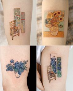 four different pictures of flowers and chairs on the legs, one is painted with watercolors