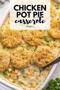 A warm dinner idea with just 20 minutes of prep! It's one of the best comfort food recipes. Baked in a rich, creamy filling with veggies and a topping of homemade biscuits, this Easy Chicken Pot Pie Casserole will become one of your favorite winter dishes! Leftover Chicken Pot Pie Recipes, Leftover Biscuits Recipes, Leftover Biscuits Ideas, Recipes With Leftover Chicken, Chicken Stew With Biscuits, Leftover Chicken Breast Recipes, Easy Chicken Pot Pie Casserole, Using Leftover Chicken, Homemade Biscuit