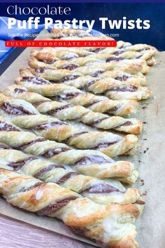 chocolate puff pastry twists on a baking sheet