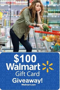 a woman pushing a shopping cart with the walmart gift card giveaway on it