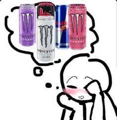 three cans of monster energy drink next to each other with a thought bubble above them