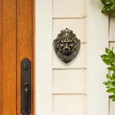 a door with a metal lion head on it's side and a green plant in the background