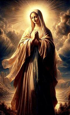 the immaculate mary with her hands together in front of an image of clouds and trees