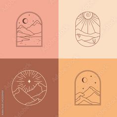 four different logos with mountains and sun in them