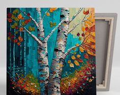 a painting of trees with colorful leaves on it