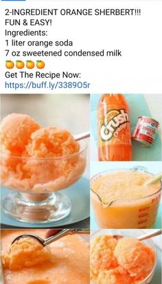 orange sherbet mix recipe in a glass bowl with spoons and instructions on how to make it