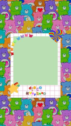 a group of teddy bears on a colorful background with a white square in the middle