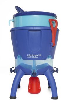 a blue and red lifestraw ii bucket with handles on the legs is shown