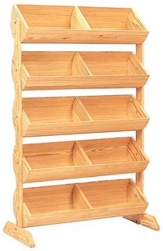 a wooden shelf with six bins on each side and four shelves below the bottom