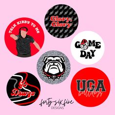 six different badges with the names of various sports teams and logos in red, black, white, and grey