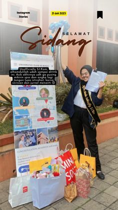 a man standing next to a sign with bags on it and holding up a paper