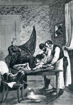 an old black and white drawing of people in a room with a baby on a bed