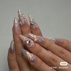 Press On Nails Design, Nails Bow, Pink Chrome Nails, Long Almond, Korean Nails, Pretty Gel Nails, Soft Nails, Bow Knot, Hot Nails